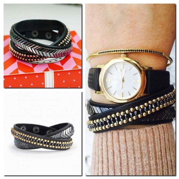 Stella and Dot Gilded Path Black Gold Leather Wrap Bracelet - Picture 1 of 1